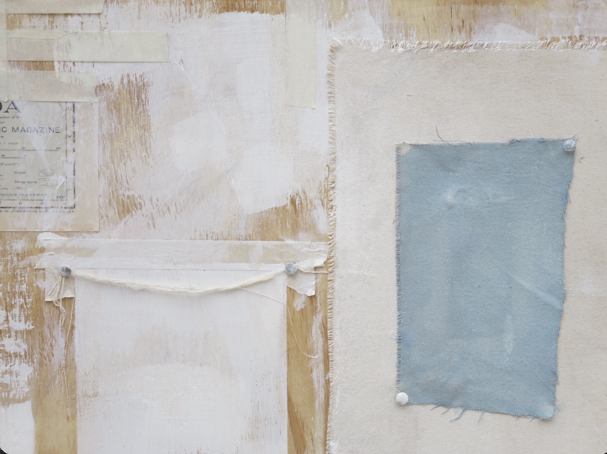 Cream and white ground with a pale blue rectangle at right and a curved white form at left.
