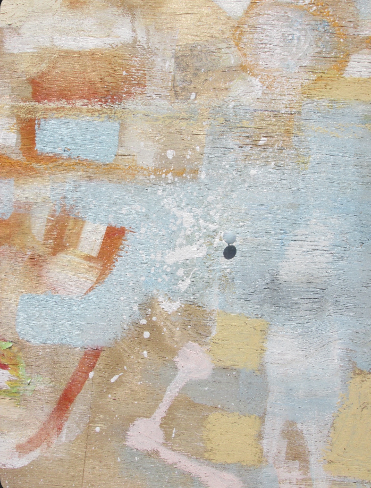 Abstract in blue, ochre and orange marks over a pale ground.
