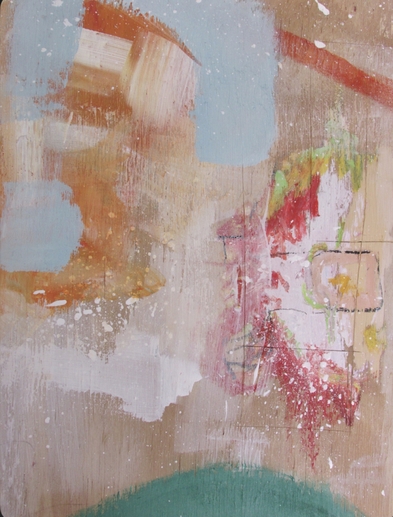 Abstract in orange, pink and pale blue over a mottled ground.