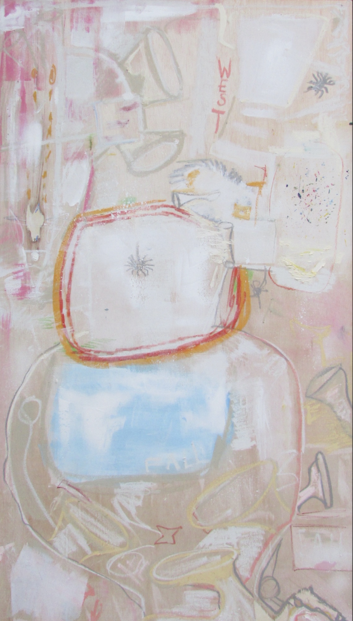 Pale abstract in pink and blue around a rounded outlined form.