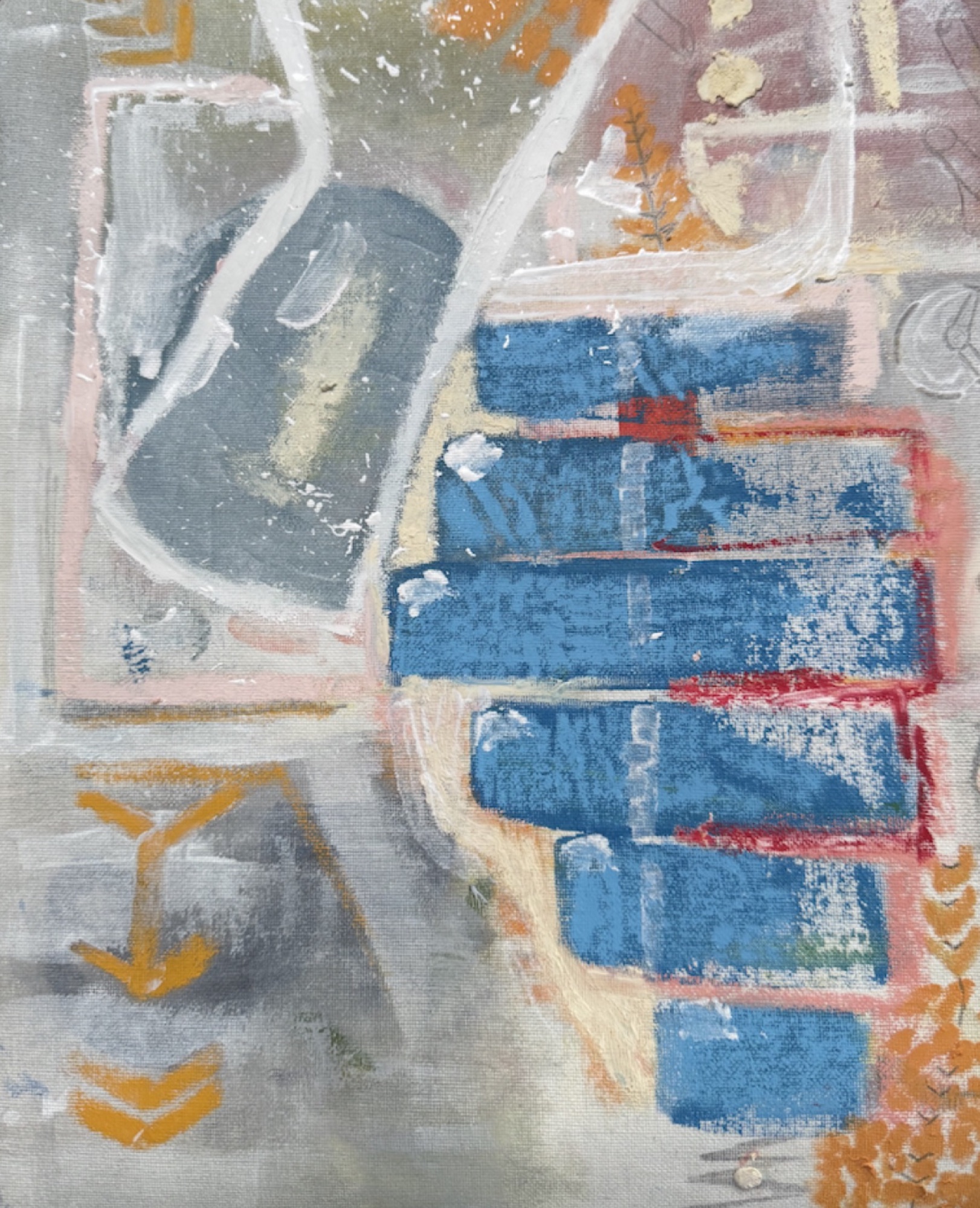 A painting in blue blocks, orange chevrons and red marks over a pale grey and pink ground.